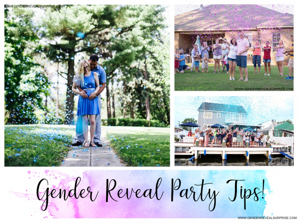 Collage of couples posing at gender reveal parties with the words