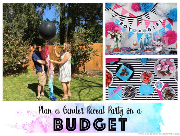 Collage of gender reveal party imagery with the words,