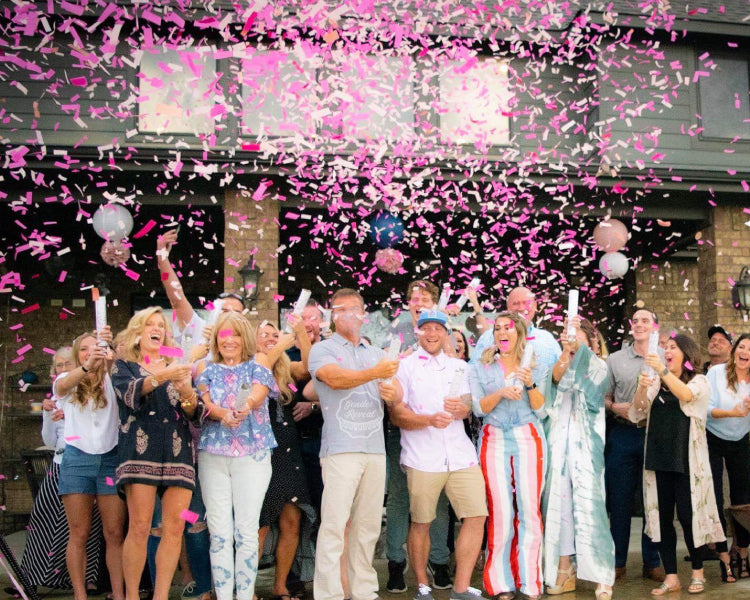 Family and Guests blasts pink confetti cannons into the air revealing the gender 