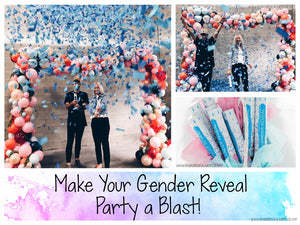 Collage of couple with confetti Cannons with the words "make your gender reveal party a blast!"