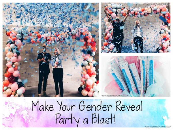 Collage of couple with confetti Cannons with the words 