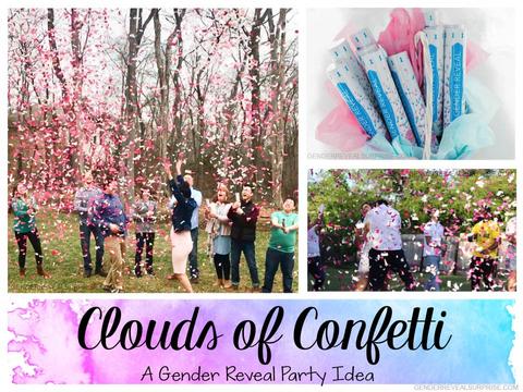 Collage of confetti going off at different gender reveal parties.