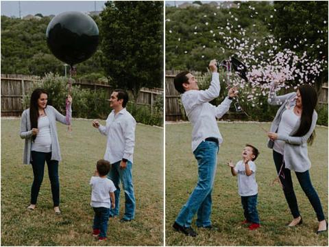 Collage of couple posing with a balloon filled with confetti, then popping balloon to reveal pink confetti.