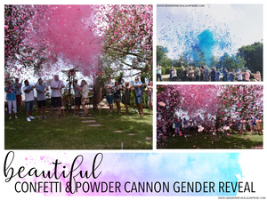 collage of confetti & powder gender reveals with the words "beautiful confetti & powder cannon gender reveal." below.