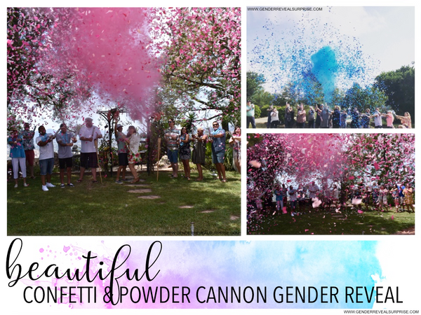 collage of confetti & powder gender reveals with the words 