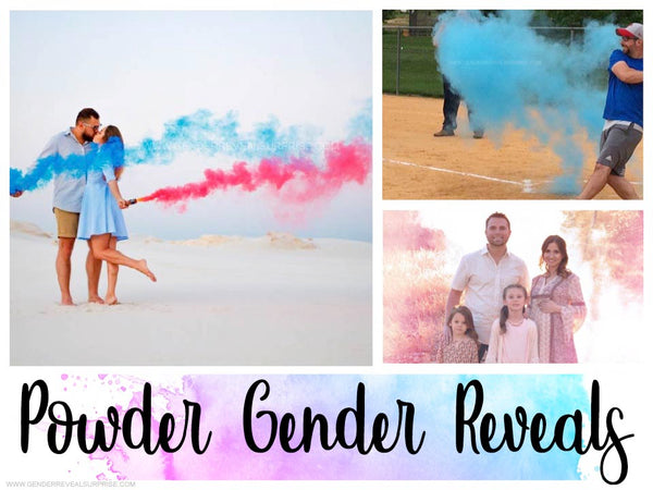 Collage of gender reveal images using pink or blue smoke.