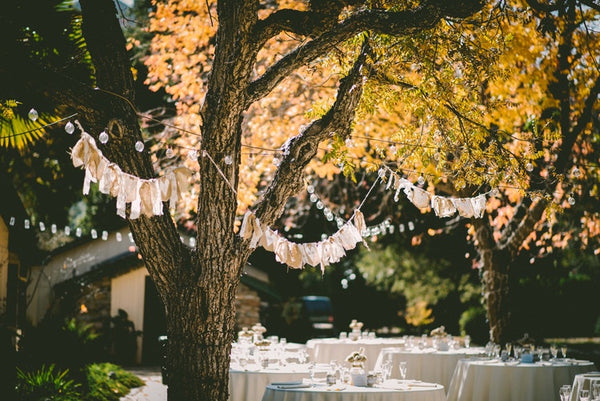 Tables outside that are set for a party.