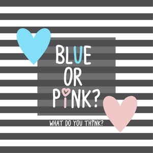 Gender reveal image with the words blue or pink on it.