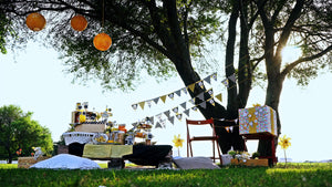 Gender reveal table with decorations set outside under a tree.