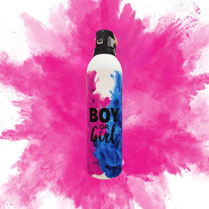 Bottle labeled 'Boy or Girl' with a pink and blue splash background